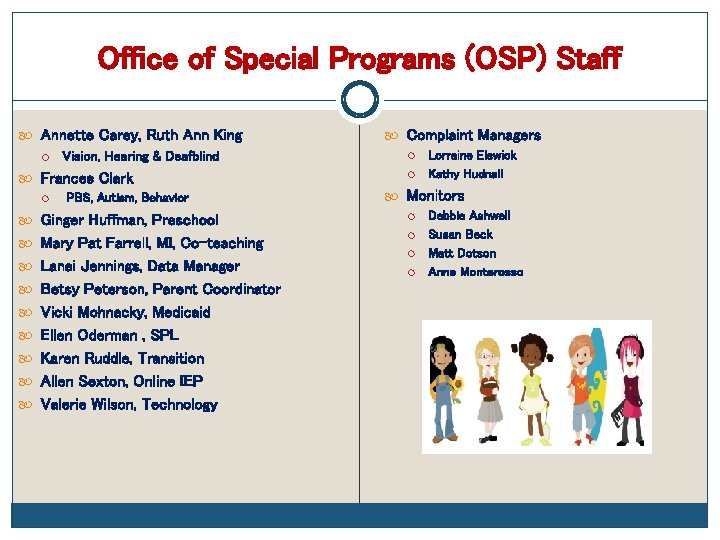 Office of Special Programs (OSP) Staff Annette Carey, Ruth Ann King Vision, Hearing &