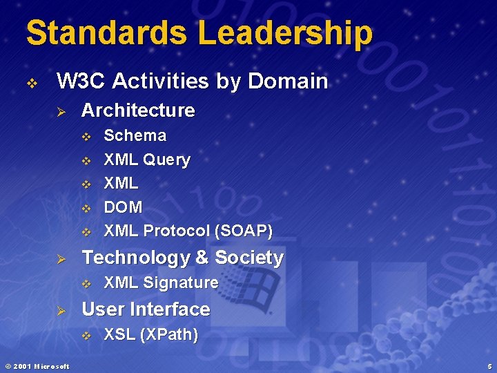 Standards Leadership v W 3 C Activities by Domain Ø Architecture v v v