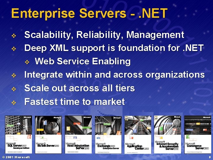 Enterprise Servers -. NET v v v Scalability, Reliability, Management Deep XML support is