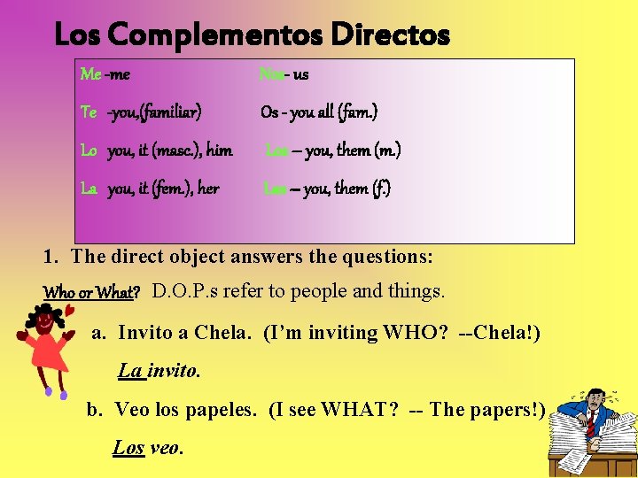 Los Complementos Directos Me -me Nos- us Te -you, (familiar) Os - you all