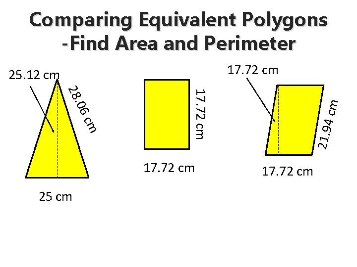 Comparing Equivalent Polygons -Find Area and Perimeter 25 cm 21. 94 cm 17. 72
