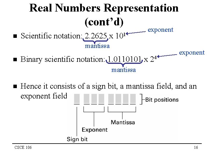 Real Numbers Representation (cont’d) n Scientific notation: 2. 2625 x 101 exponent mantissa n