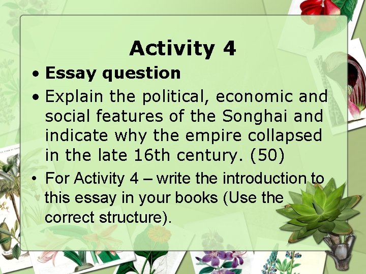 Activity 4 • Essay question • Explain the political, economic and social features of