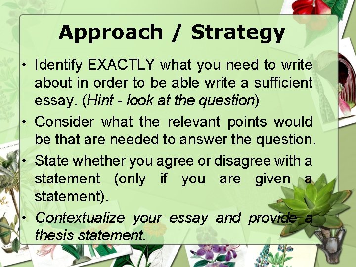 Approach / Strategy • Identify EXACTLY what you need to write about in order