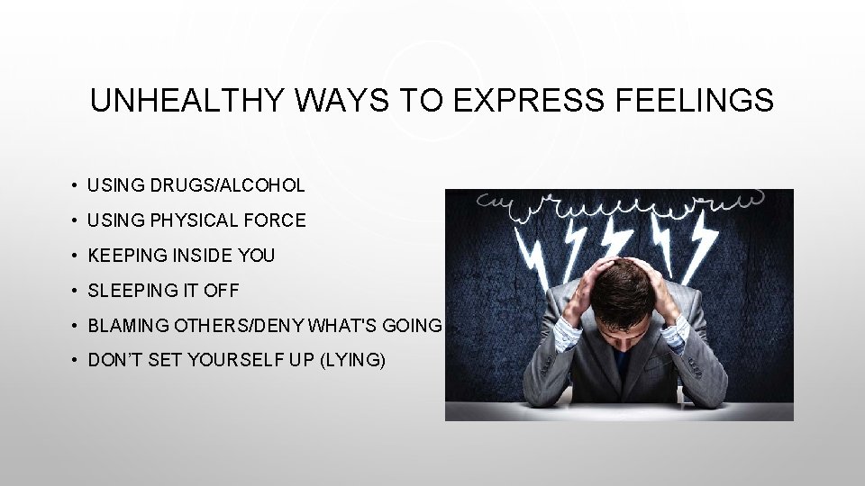 UNHEALTHY WAYS TO EXPRESS FEELINGS • USING DRUGS/ALCOHOL • USING PHYSICAL FORCE • KEEPING