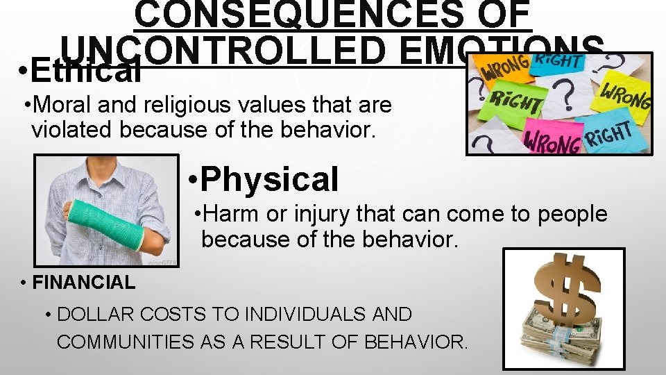 CONSEQUENCES OF UNCONTROLLED EMOTIONS • Ethical • Moral and religious values that are violated