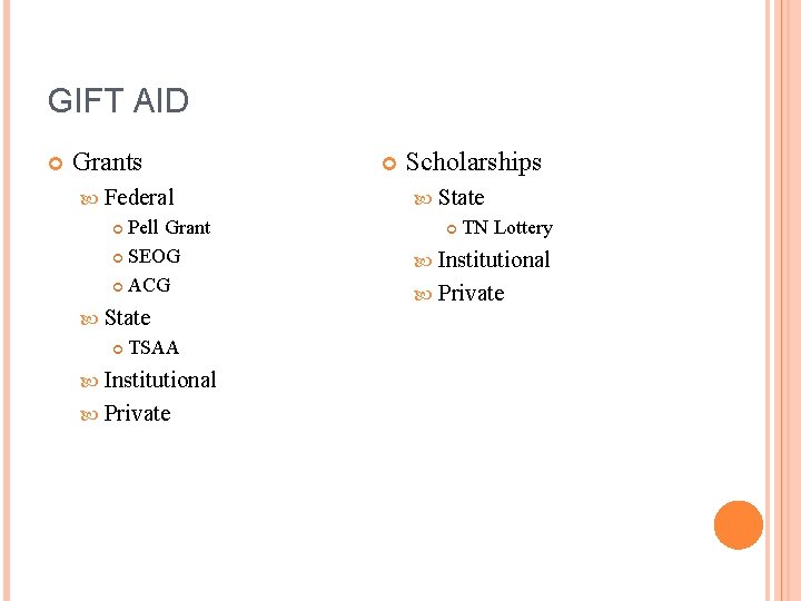 GIFT AID Grants Federal Pell Grant SEOG ACG State TSAA Institutional Private Scholarships State