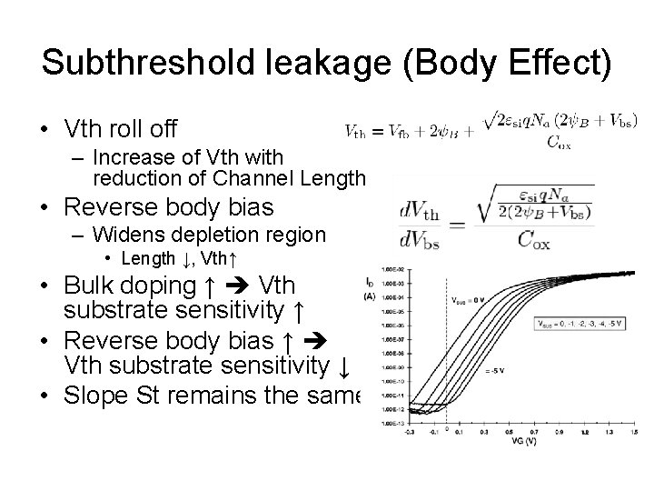 Subthreshold leakage (Body Effect) • Vth roll off – Increase of Vth with reduction