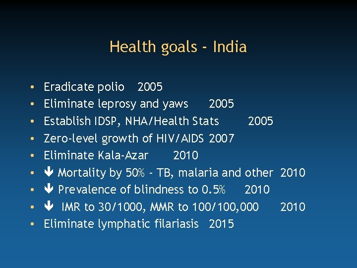 Health goals - India • • • Eradicate polio 2005 Eliminate leprosy and yaws