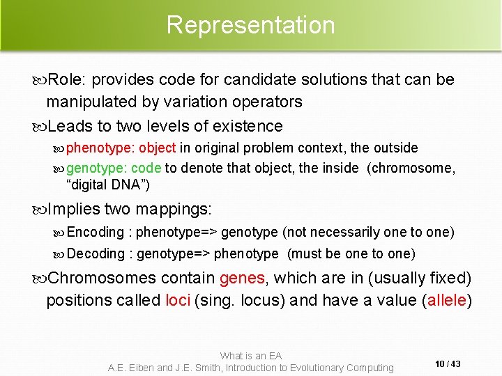 Representation Role: provides code for candidate solutions that can be manipulated by variation operators