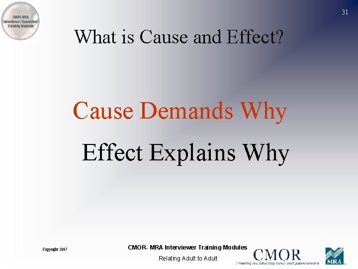 31 What is Cause and Effect? Cause Demands Why Effect Explains Why Copyright 2007