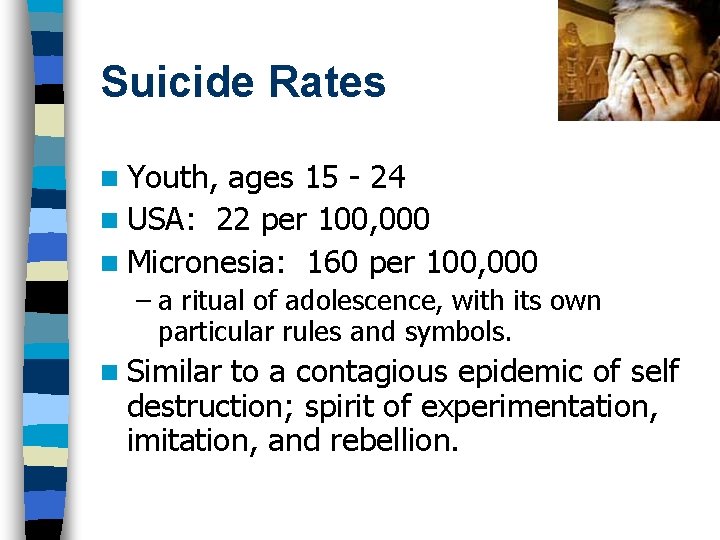 Suicide Rates n Youth, ages 15 - 24 n USA: 22 per 100, 000