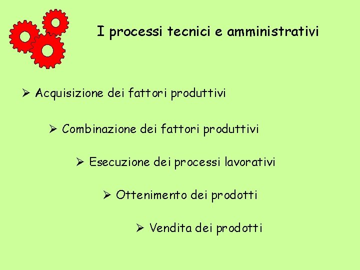 I processi tecnici e amministrativi Acquisizione dei fattori produttivi Combinazione dei fattori produttivi Esecuzione