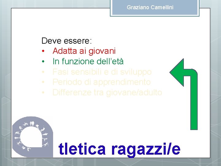 Graziano Camellini Deve essere: • Adatta ai giovani • In funzione dell’età • Fasi