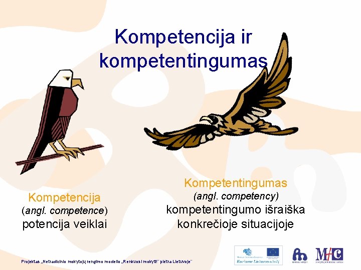 Kompetencija ir kompetentingumas Kompetencija (angl. competence) potencija veiklai (angl. competency) kompetentingumo išraiška konkrečioje situacijoje