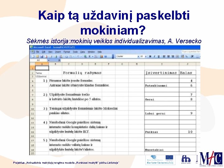 Kaip tą uždavinį paskelbti mokiniam? Sėkmės istorija: mokinių veiklos individualizavimas, A. Versecko pamoka Projektas