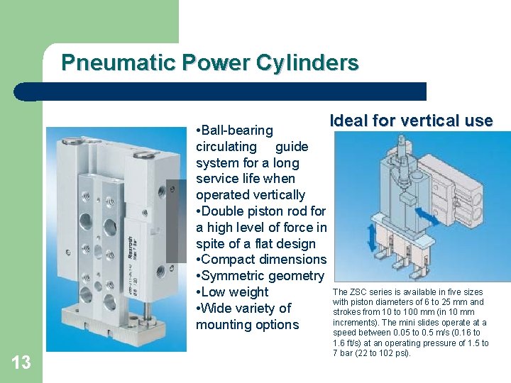 Pneumatic Power Cylinders • Ball-bearing circulating guide system for a long service life when