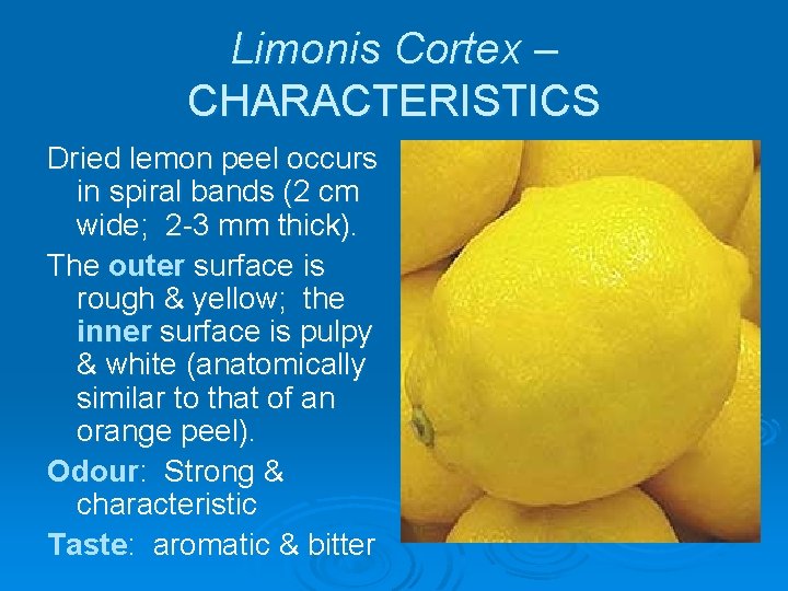 Limonis Cortex – CHARACTERISTICS Dried lemon peel occurs in spiral bands (2 cm wide;