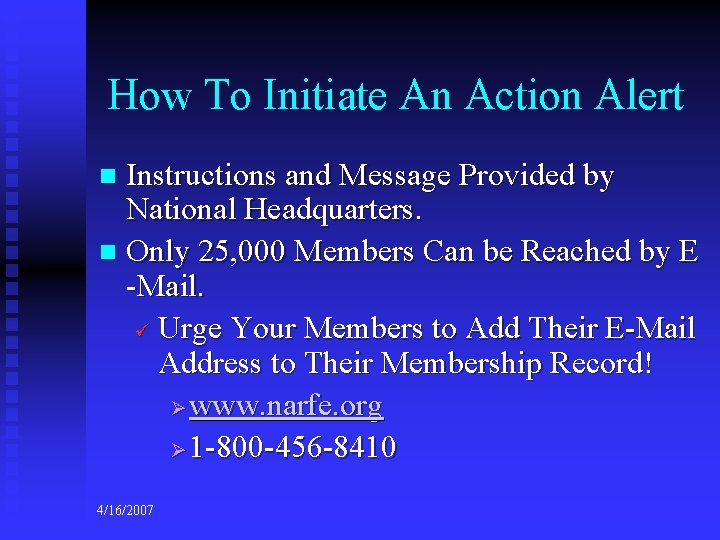 How To Initiate An Action Alert Instructions and Message Provided by National Headquarters. n