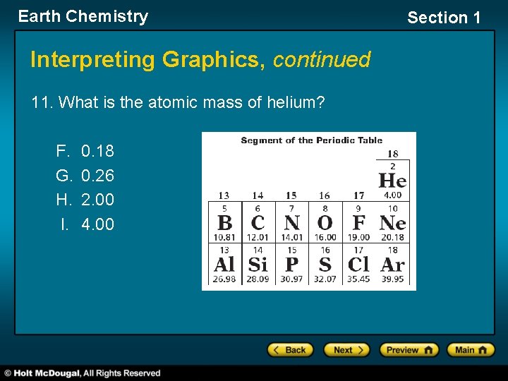 Earth Chemistry Interpreting Graphics, continued 11. What is the atomic mass of helium? F.