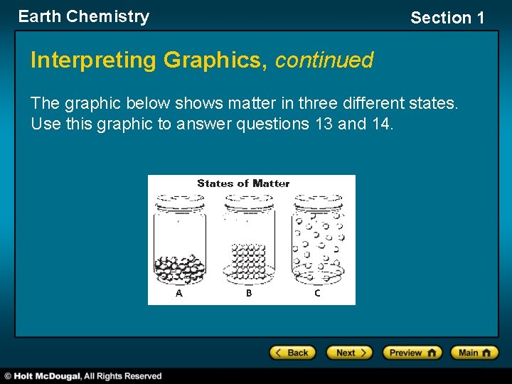 Earth Chemistry Section 1 Interpreting Graphics, continued The graphic below shows matter in three