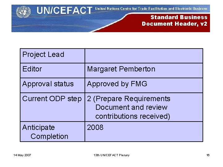 Standard Business Document Header, v 2 Project Lead Editor Margaret Pemberton Approval status Approved