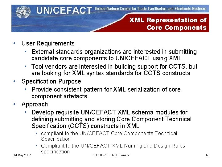 XML Representation of Core Components • User Requirements • External standards organizations are interested