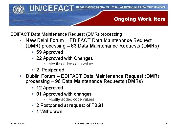 Ongoing Work Item EDIFACT Data Maintenance Request (DMR) processing • New Delhi Forum –