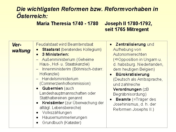 Die wichtigsten Reformen bzw. Reformvorhaben in Österreich: Maria Theresia 1740 - 1780 Verwaltung Feudalstaat