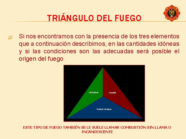 TRIÁNGULO DEL FUEGO Si nos encontramos con la presencia de los tres elementos que