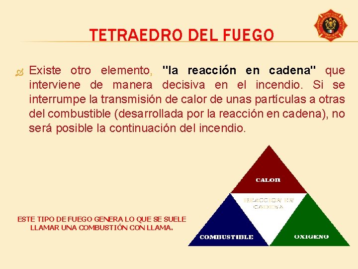 TETRAEDRO DEL FUEGO Existe otro elemento, "la reacción en cadena" que interviene de manera