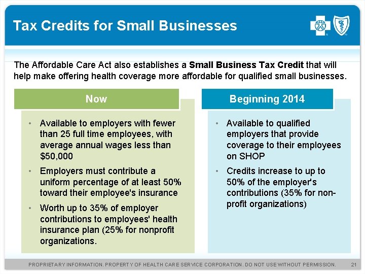 Tax Credits for Small Businesses The Affordable Care Act also establishes a Small Business