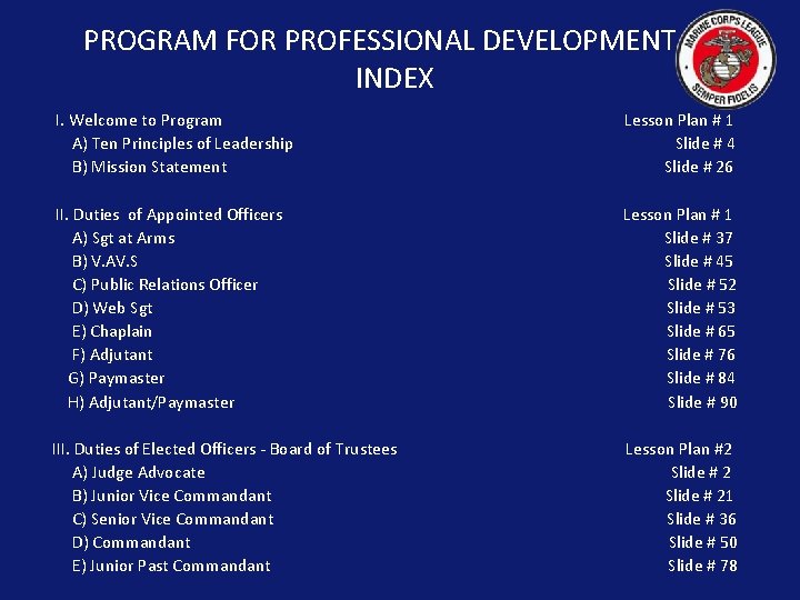 PROGRAM FOR PROFESSIONAL DEVELOPMENT INDEX I. Welcome to Program A) Ten Principles of Leadership