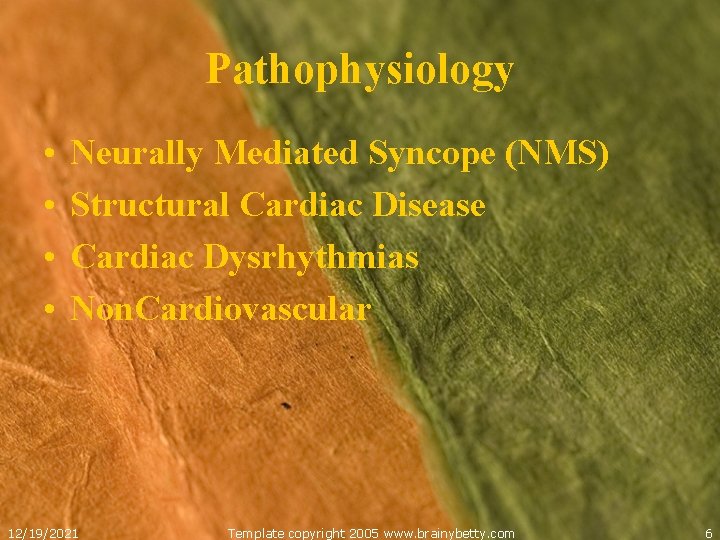 Pathophysiology • • Neurally Mediated Syncope (NMS) Structural Cardiac Disease Cardiac Dysrhythmias Non. Cardiovascular