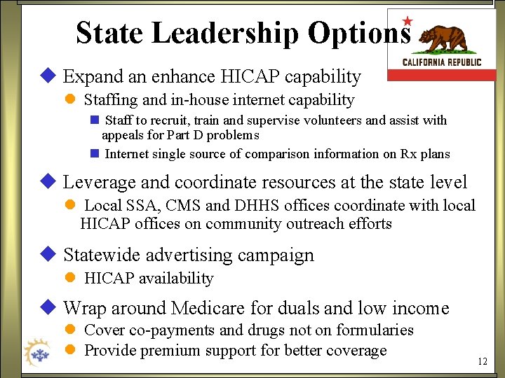 State Leadership Options u Expand an enhance HICAP capability l Staffing and in-house internet