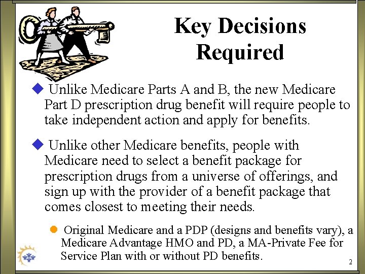 Key Decisions Required u Unlike Medicare Parts A and B, the new Medicare Part