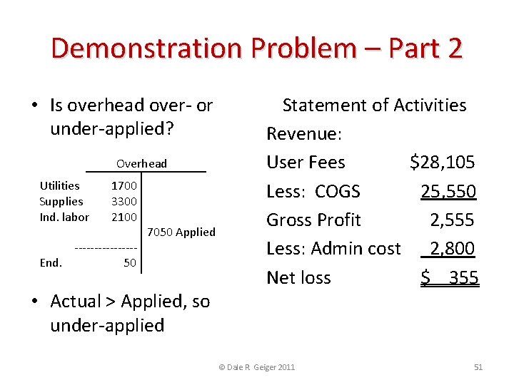 Demonstration Problem – Part 2 • Is overhead over- or under-applied? Overhead Utilities Supplies