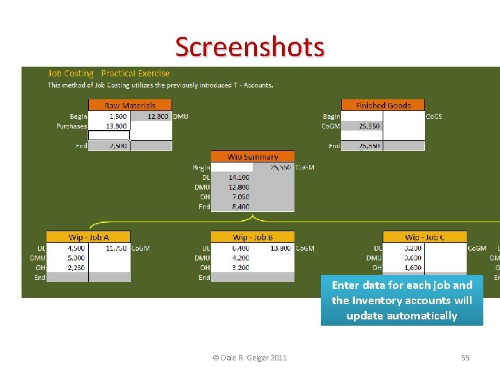 Screenshots Enter data for each job and the Inventory accounts will update automatically ©