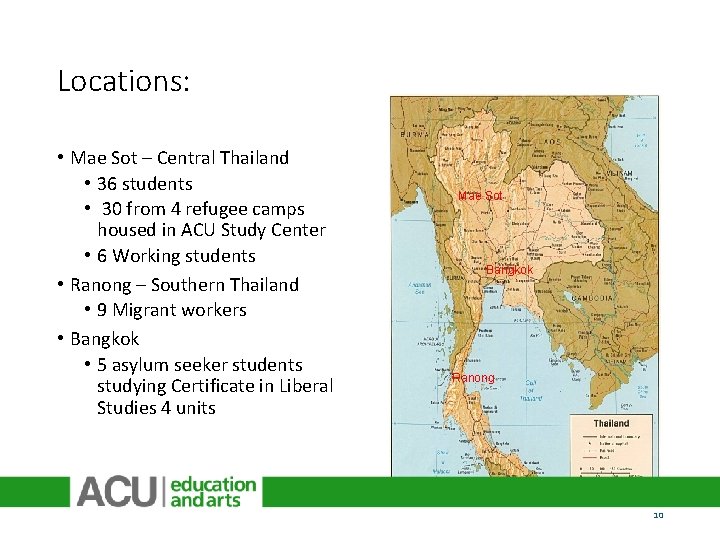 Locations: • Mae Sot – Central Thailand • 36 students • 30 from 4