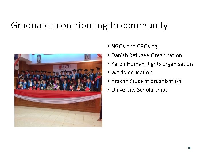 Graduates contributing to community • NGOs and CBOs eg • Danish Refugee Organisation •