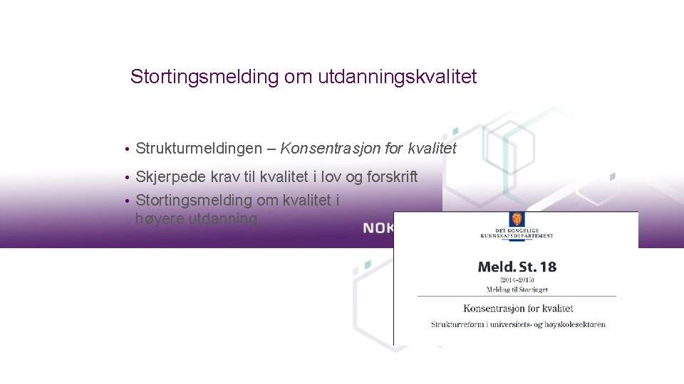 Stortingsmelding om utdanningskvalitet • Strukturmeldingen – Konsentrasjon for kvalitet • Skjerpede krav til kvalitet
