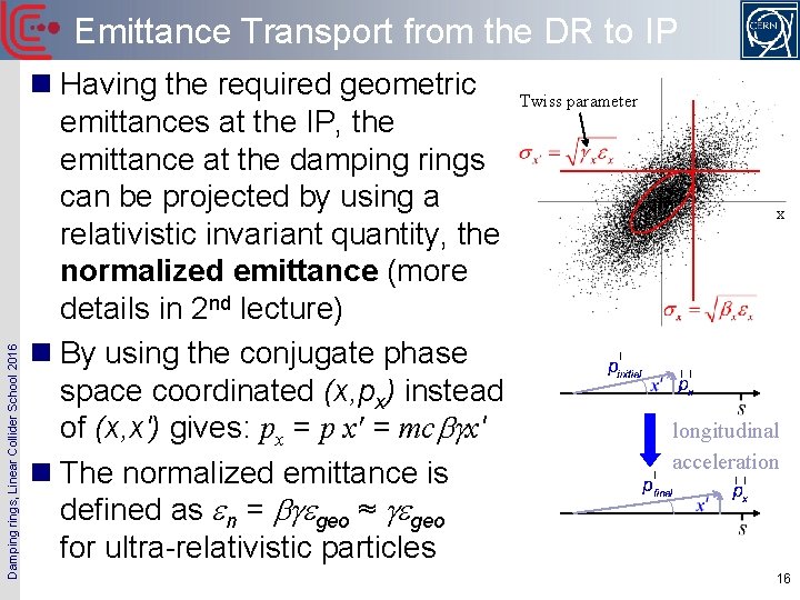 Damping rings, Linear Collider School 2016 Emittance Transport from the DR to IP n