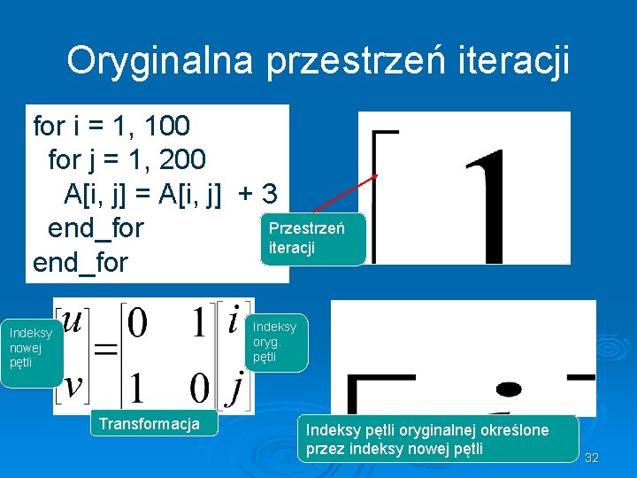 Oryginalna przestrzeń iteracji for i = 1, 100 for j = 1, 200 A[i,