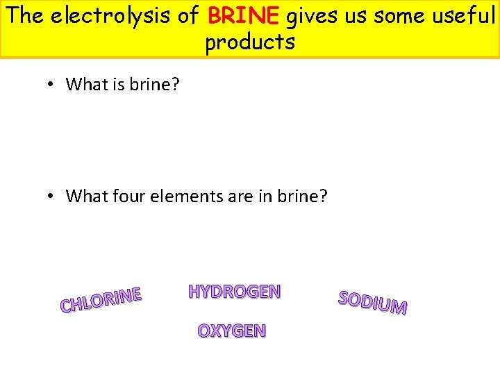 The electrolysis of BRINE gives us some useful products • What is brine? •