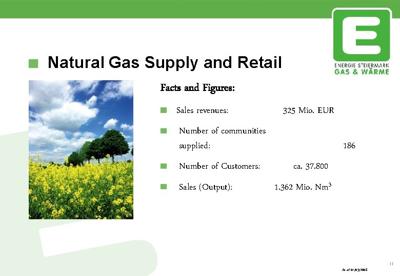 Natural Gas Supply and Retail Facts and Figures: Sales revenues: 325 Mio. EUR Number