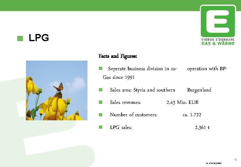 LPG Facts and Figures: Seperate business division in co. Gas since 1991 Sales area: