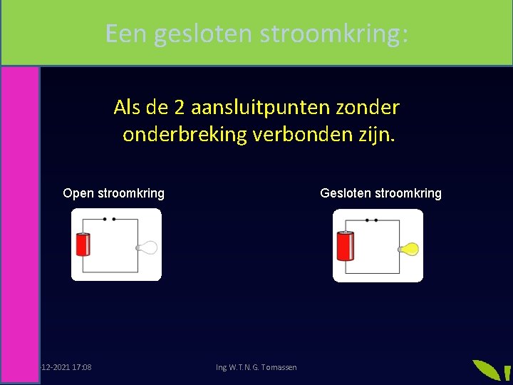 Een gesloten stroomkring: Als de 2 aansluitpunten zonderbreking verbonden zijn. Open stroomkring 19 -12