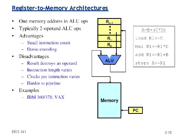 Register-to-Memory Architectures EECS 361 3 -18 