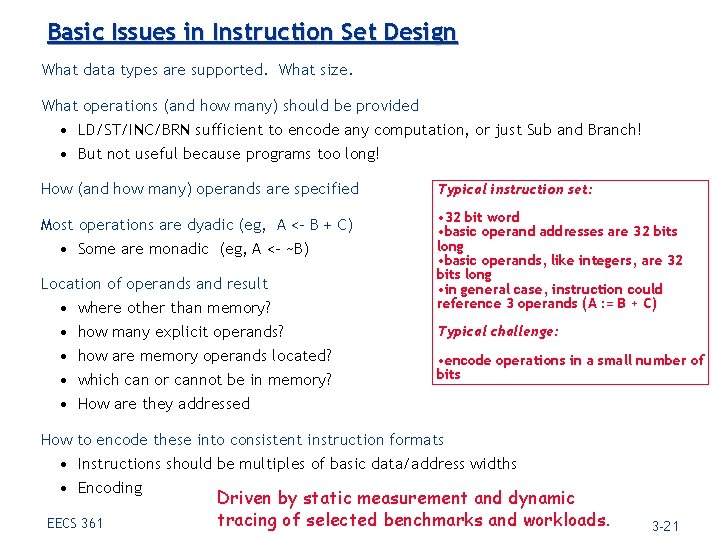 Basic Issues in Instruction Set Design What data types are supported. What size. What