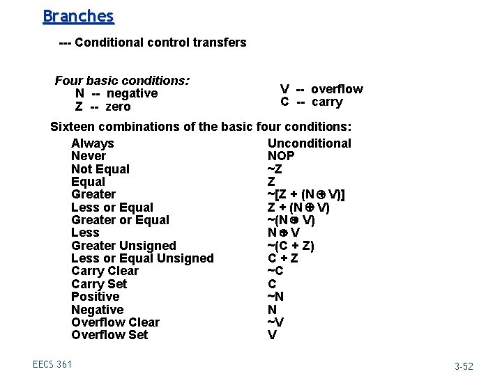 Branches --- Conditional control transfers Four basic conditions: N -- negative Z -- zero